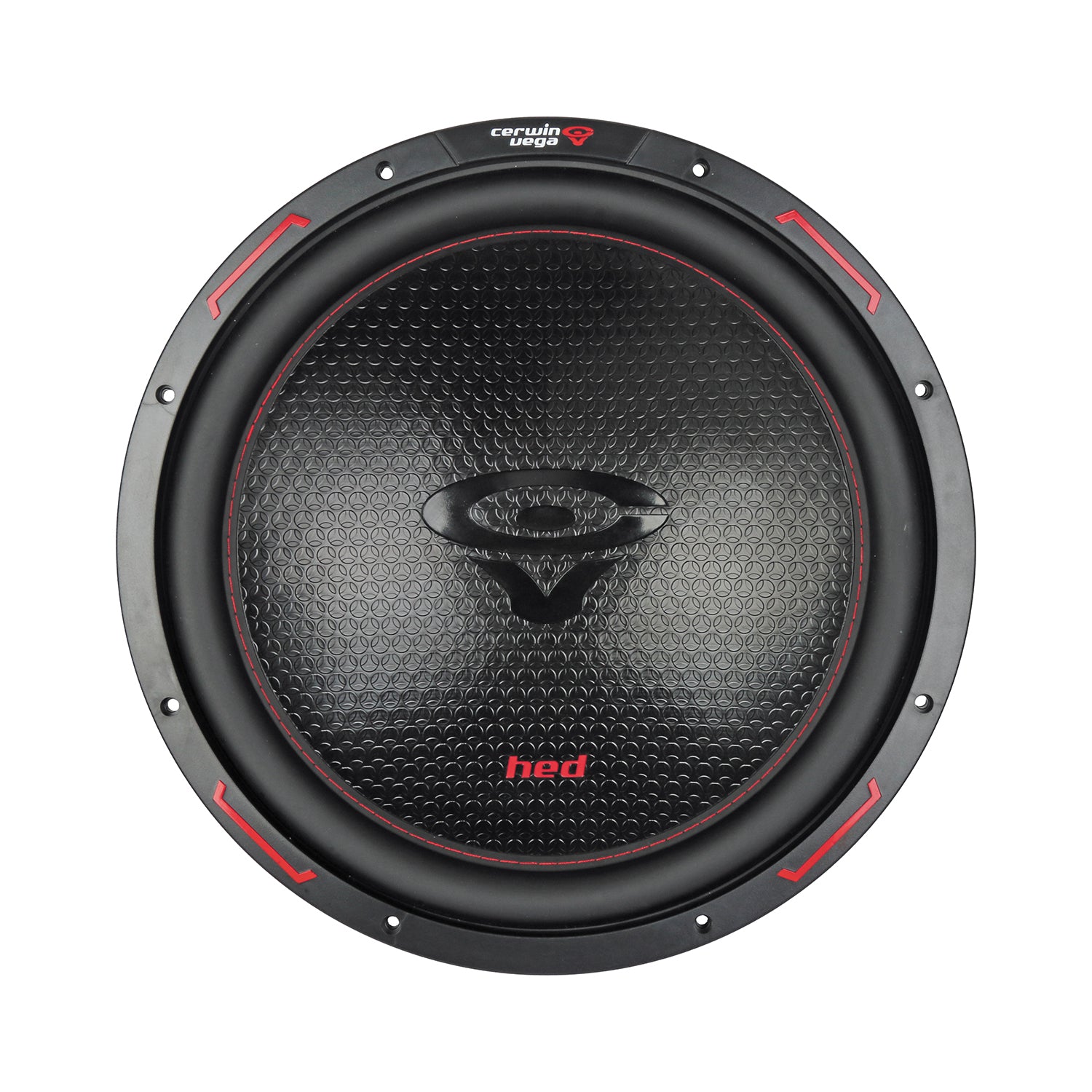 A close-up of the HED 2025 Edition Subwoofer reveals its round design with a textured black honeycomb-patterned cone, featuring a red "hed" logo at the bottom, surrounded by a black rubber ring with red accents. The robust frame and central black dust cap enhance its heavy-duty appeal.